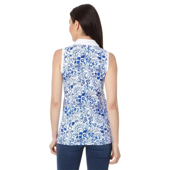 NWT Tommy Hilfiger Sleeveless Fountain Floral Polo Shirt Provence Multi Blue L - Picture 2 of 8